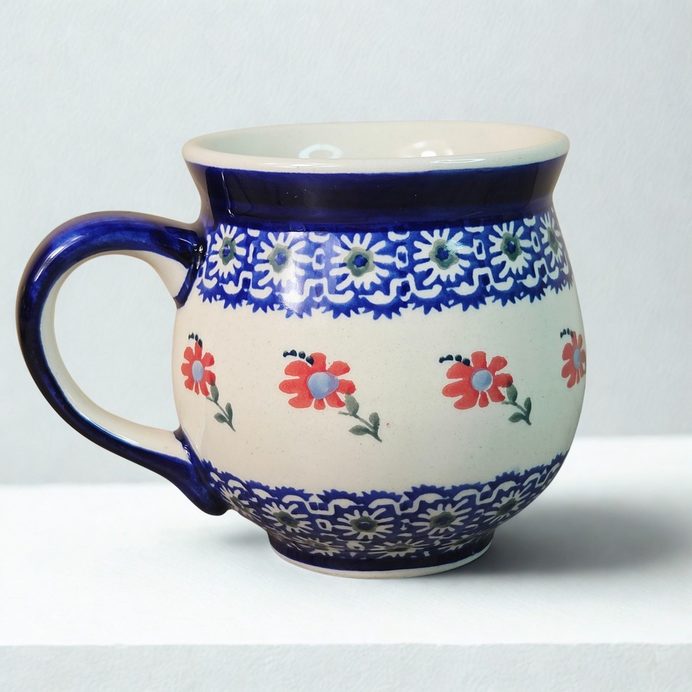 Manufaktura Polish Pottery Bubble Mug 12oz Floral Blue Red Boleslawiec Poland